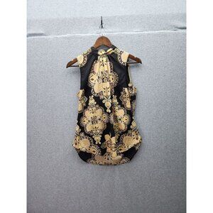 New York & Company Womens Black & Gold Paisley Sleeveless Blouse With Tie Neck S